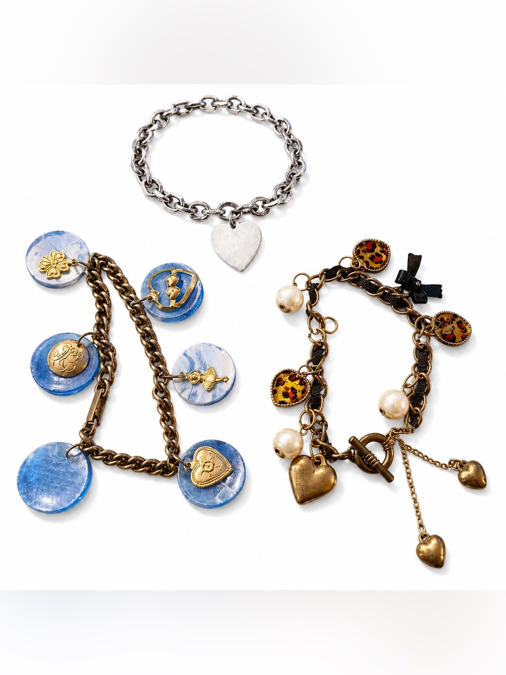 Vintage Charm Bracelet Bundle 3pc Heart Pearl Blue Boho Statement Jewelry